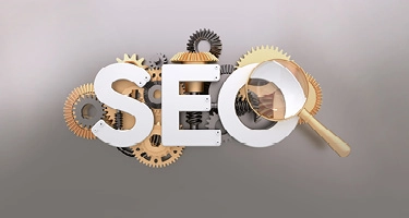 SEO letters with gears and magnifying glass representing search engine optimization