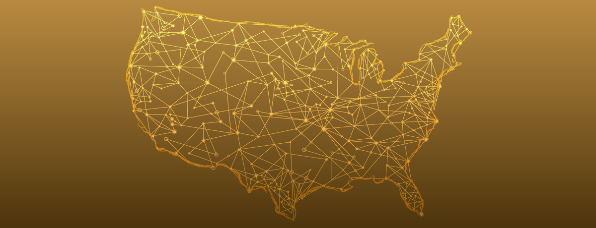 Gold strings and dots connecting to form US map 