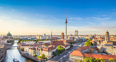 Germany town beside a river and bridge with clear blue sky above
