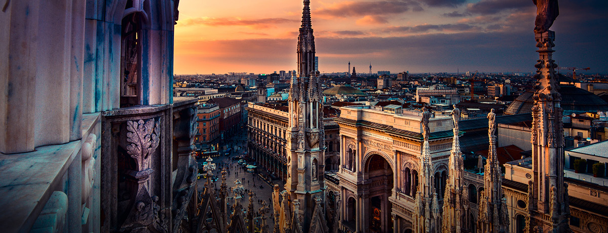 Skyline view of Milan at sunset from Duomo roof top