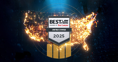 Glowing map of the United States with the Best Law Firms 2025 badge