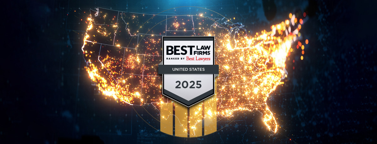 Glowing map of the United States with the Best Law Firms 2025 badge