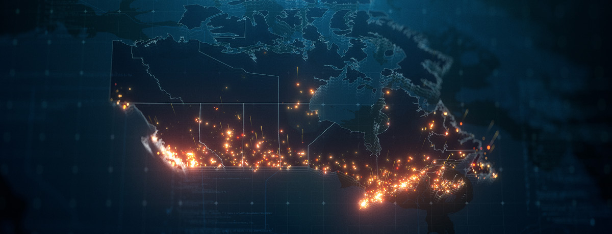 Digital map of Canadathis on illuminated by numerous bright lights