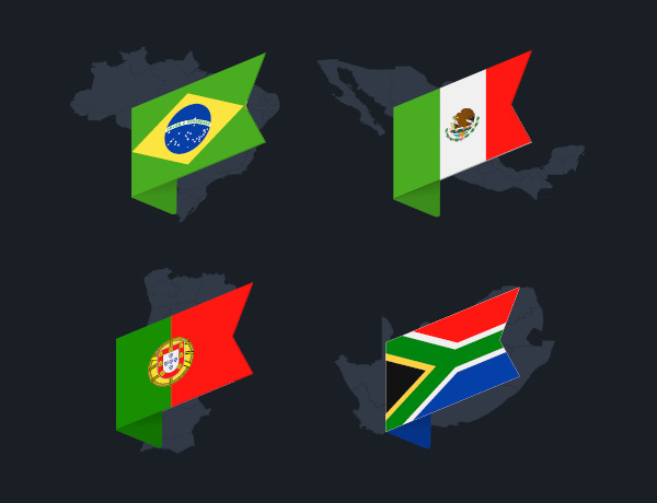 Flags of Brazil, Mexico, Portugal and South Africa, representing countries featured in the Best Lawy