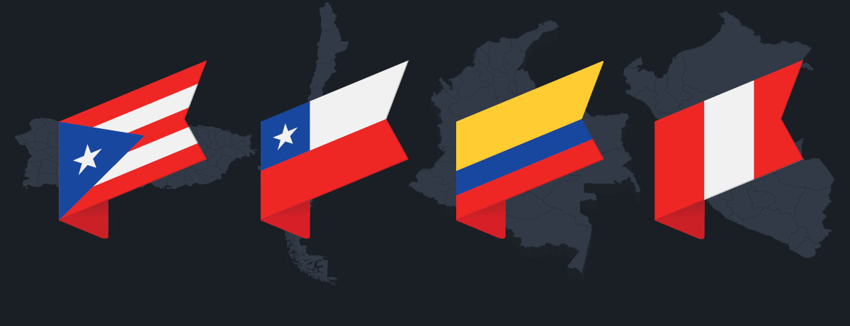 Flags of Puerto Rico, Chile, Colombia, and Peru, representing countries featured in the Best Lawyers