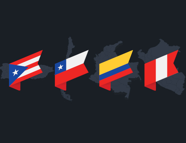 Flags of Puerto Rico, Chile, Colombia, and Peru, representing countries featured in the Best Lawyers