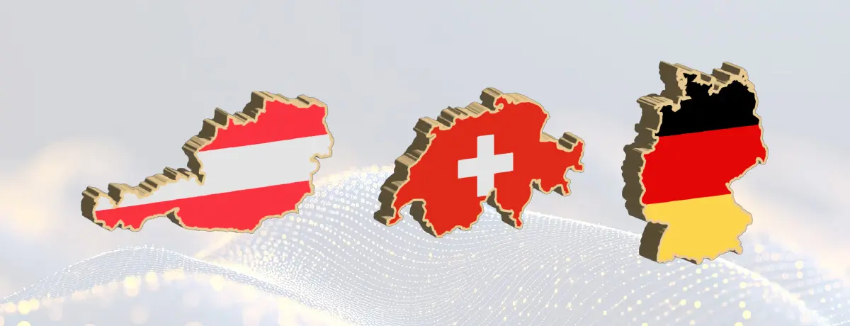 Graphic displaying three-dimensional map cutouts of Austria, Germany and Switzerland.