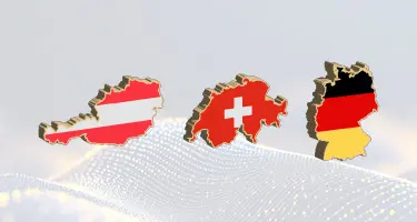 Graphic displaying three-dimensional map cutouts of Austria, Germany and Switzerland.