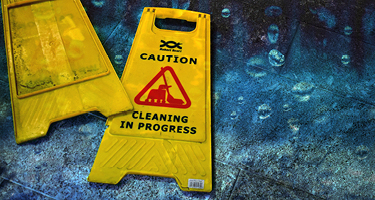 Yellow caution sign with blue wet floor background