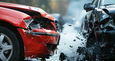 Two cars involved in a car accident, with visible damage.