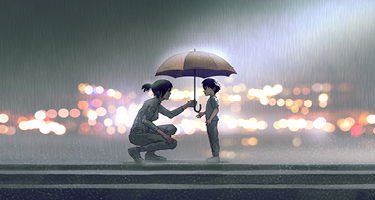 Woman and child under umbrella in front of night sky