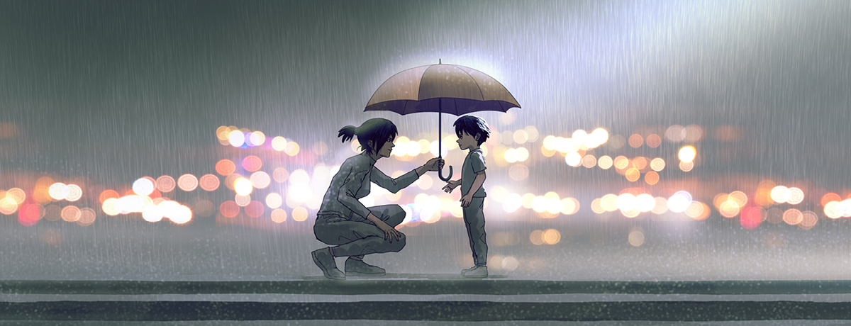 Woman and child under umbrella in front of night sky