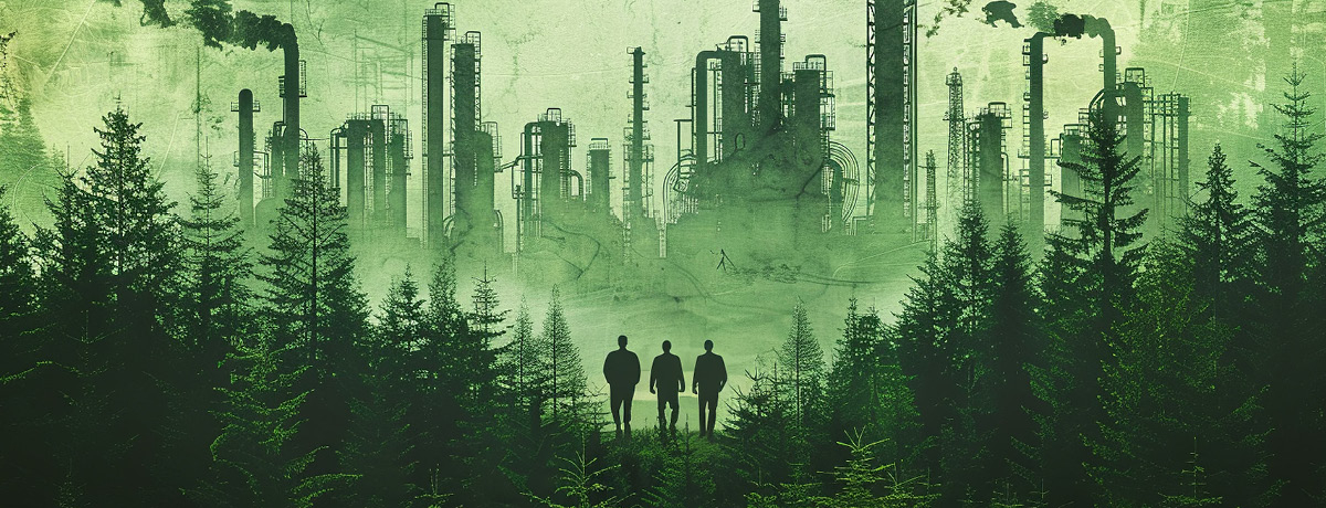 Three figures stand in forest with refinery ahead