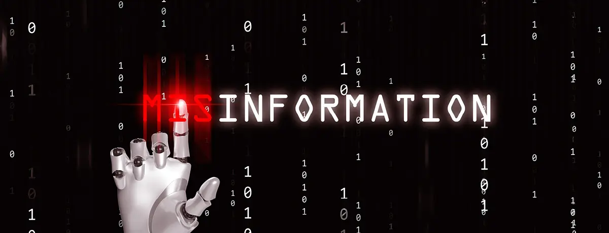 A robotic hand pointing toward the word "MISINFORMATION" in glowing text.