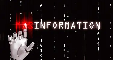 A robotic hand pointing toward the word "MISINFORMATION" in glowing text.