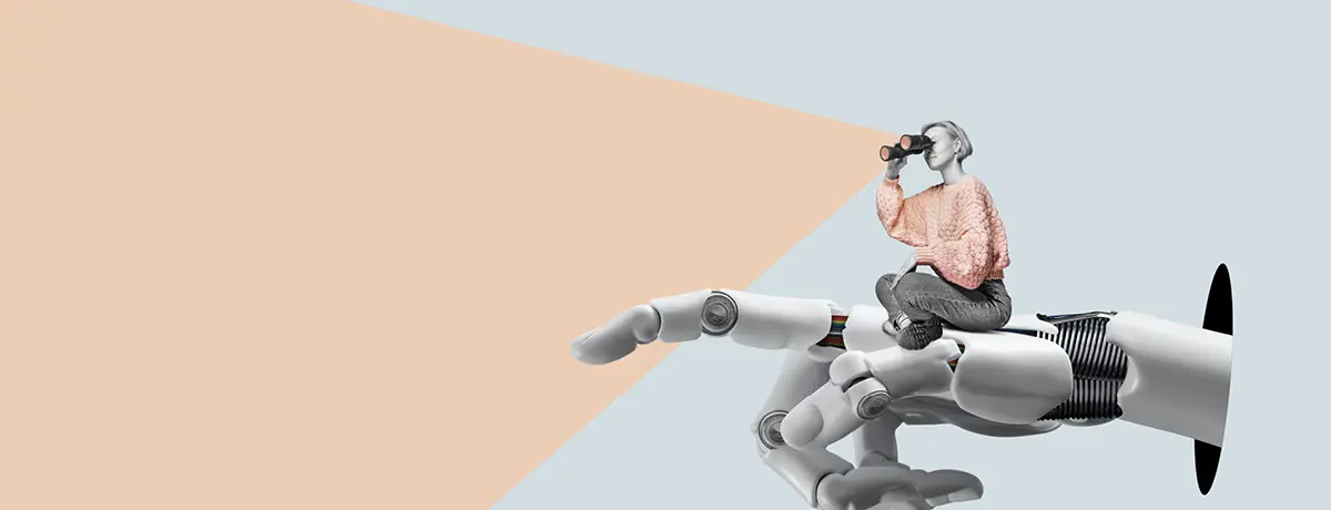 A surreal art illustration of a tiny person sitting on a massive robotic hand, looking through binoc
