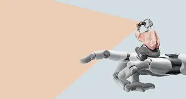 A surreal art illustration of a tiny person sitting on a massive robotic hand, looking through binoc