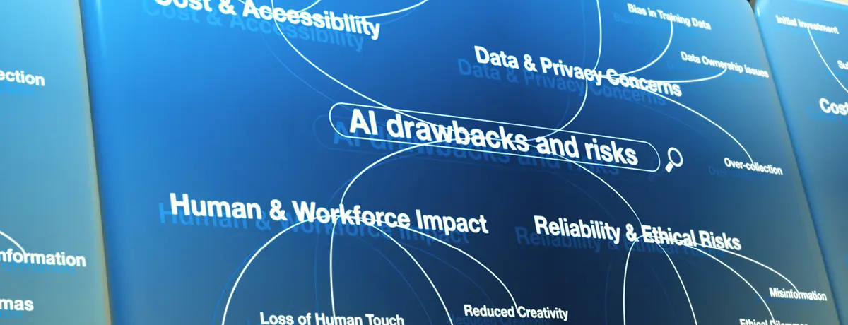 A blue digital interface showing a search bar containing the text "AI drawbacks and risks".