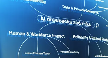 A blue digital interface showing a search bar containing the text "AI drawbacks and risks".