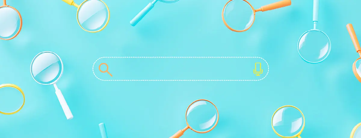 A digital search bar icon surrounded by colorful magnifying glasses on a light blue background.