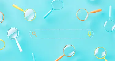 A digital search bar icon surrounded by colorful magnifying glasses on a light blue background.