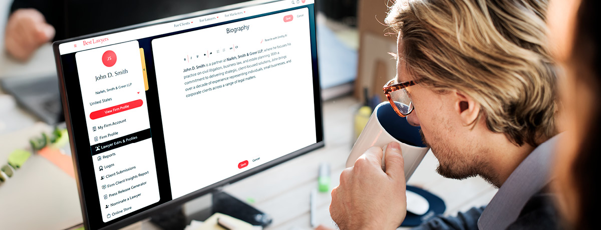 Legal professional editing profile content with Smithy AI