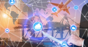 Plane flying over a construction zone with icons overlayed detailing different modes of transportati