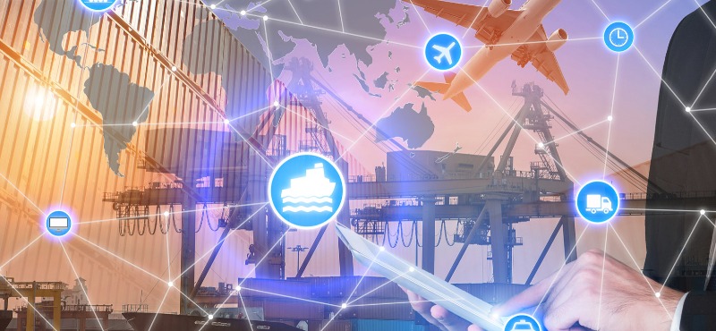 Plane flying over a construction zone with icons overlayed detailing different modes of transportati