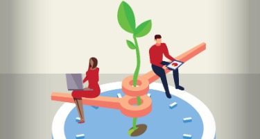 Clock ticking with plant growing in the center and two businesspeople in red 