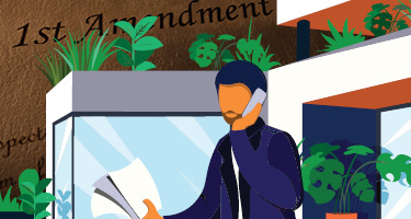 Cartoon figure on the phone with documents in hand and 1st Amendment text in backdrop