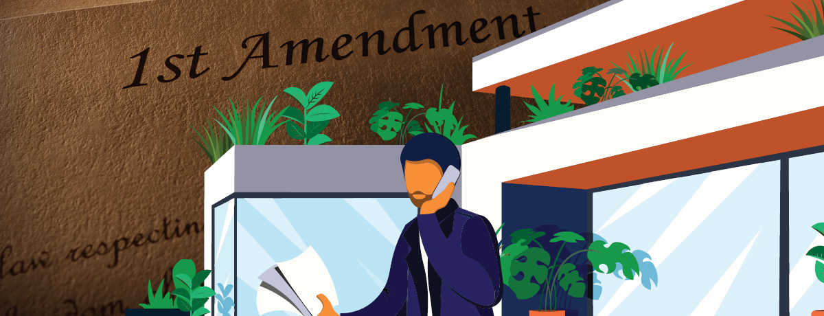Cartoon figure on the phone with documents in hand and 1st Amendment text in backdrop