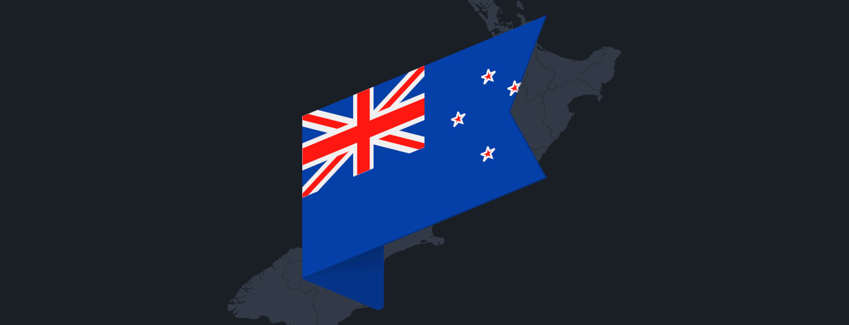 New Zealand flag over image of country outline