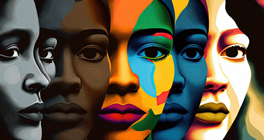 Faces of women overlapping in multi-color