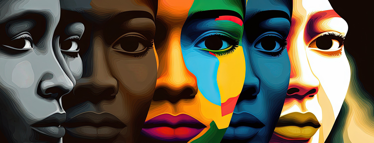 Faces of women overlapping in multi-color 