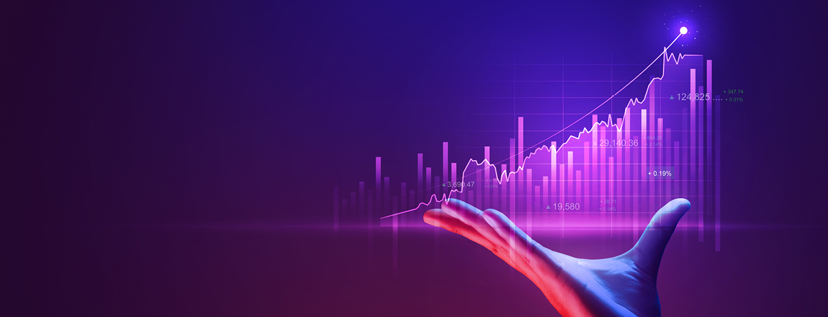 Glowing hand holding up chart against blue and purple background