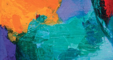 Abstract art with orange, purple, light blue, and a little red in the corner 