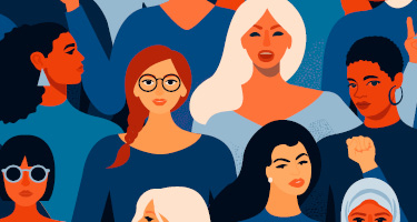 women supporting women and wearing blue in group