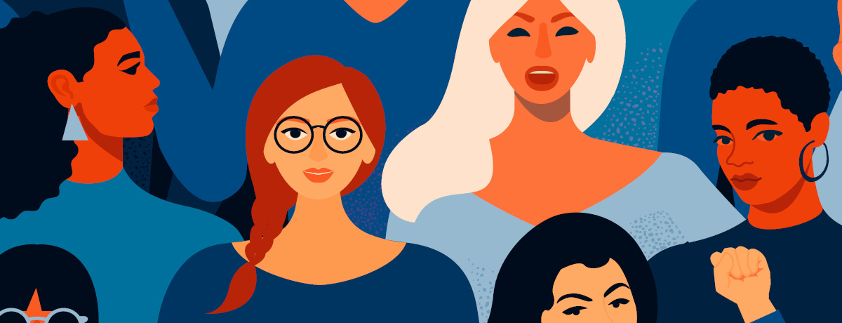 women in group all in blue accents