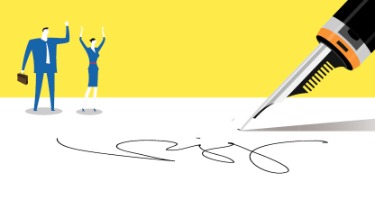 Two small blue businesspeople watch a giant pen sign a contract