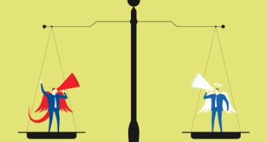 Devil yells into a megaphone and angel yells into megaphone on a balance scale