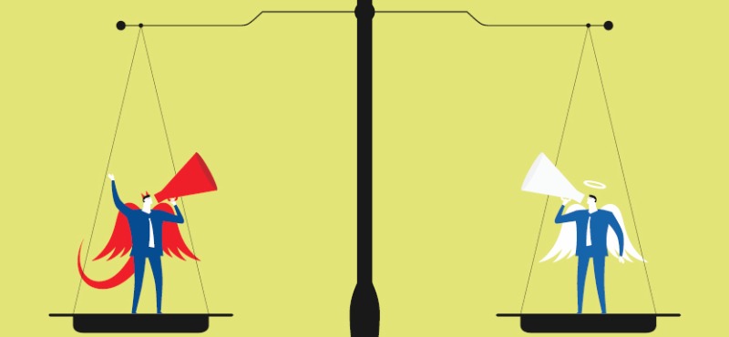 Devil yells into a megaphone and angel yells into megaphone on a balance scale