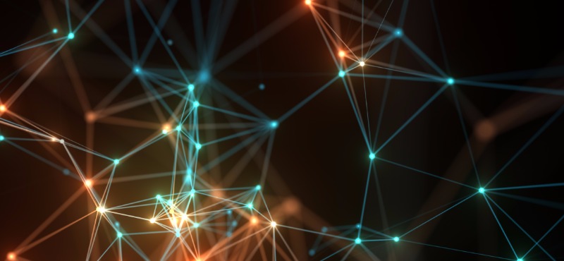 Black background with technology multicolored interconnected dots and lines