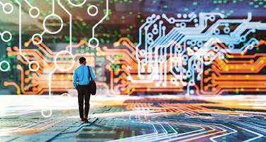 Man walking in frame with circuit board backdrop