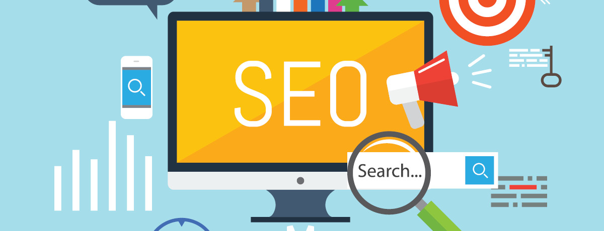 Computer screen with SEO and symbols