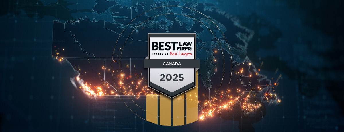 A glowing map of Canada with the Best Law Firms 2025 badge prominently displayed, representing top C