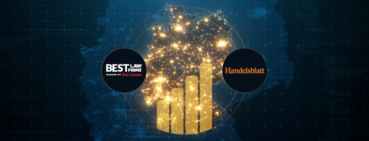 Map of Germany with bar chart icons, flanked by logos for Best Law Firms - Germany and Handelsblatt