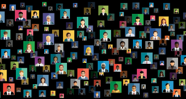 Black background with colorful squares and faces