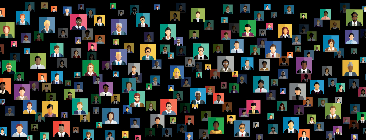 Black background with colorful squares and faces