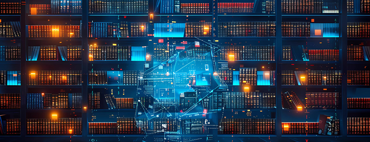 AI network expanding in front of bookshelf
