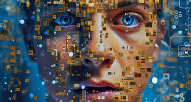 Animated man with blue eyes and digital pixelations across his face